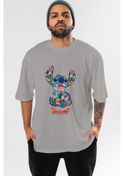 Stitch Ön Baskılı Gri Oversize T-Shirt Bisiklet Yaka Pamuk Erkek Kadın