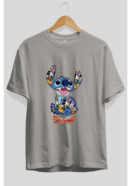 Stitch Ön Baskılı Gri Oversize T-Shirt Bisiklet Yaka Pamuk Erkek Kadın fiyatları