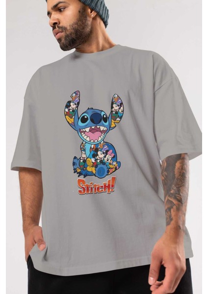 Stitch Ön Baskılı Gri Oversize T-Shirt Bisiklet Yaka Pamuk Erkek Kadın modelleri