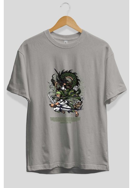Zoro Anime Ön Baskılı Gri Oversize T-Shirt %100 Pamuk Erkek Kadın fiyatları