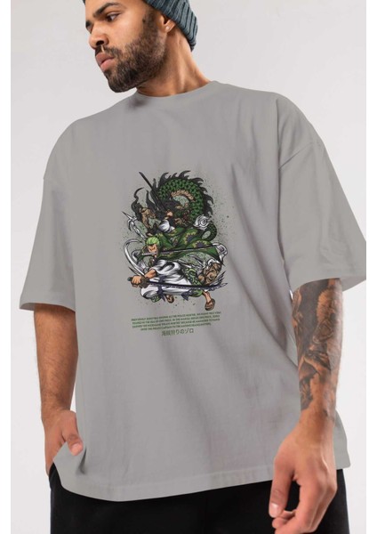 Zoro Anime Ön Baskılı Gri Oversize T-Shirt %100 Pamuk Erkek Kadın modelleri