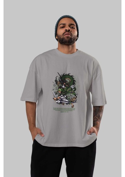 Zoro Anime Ön Baskılı Gri Oversize T-Shirt %100 Pamuk Erkek Kadın indirimleri