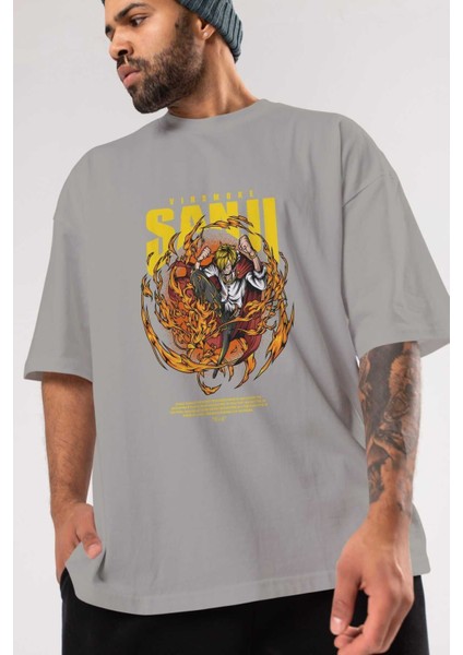 Vinsmoke Sanji Anime Ön Baskılı Gri Oversize T-Shirt %100 Pamuk Erkek Kadın modelleri