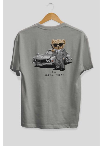 Teddy Bear The Secret Agent Arka Baskılı Gri Oversize T-Shirt Unisex Erkek Kadın Bisiklet Yaka fiyatları