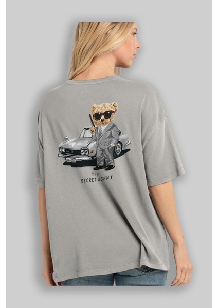Teddy Bear The Secret Agent Arka Baskılı Gri Oversize T-Shirt Unisex Erkek Kadın Bisiklet Yaka modelleri