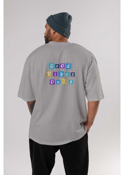 Good Vibes Only Yazılı 3 Arka Baskılı Gri Oversize T-Shirt Unisex Erkek Kadın Bisiklet Yaka fırsatları