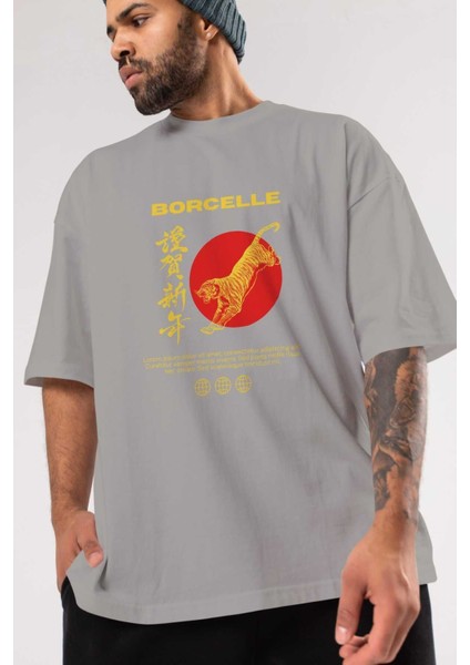 Borcelle Tiger Streetwear Ön Baskılı Gri Oversize T-Shirt Unisex Erkek Kadın Bisiklet Yaka modelleri