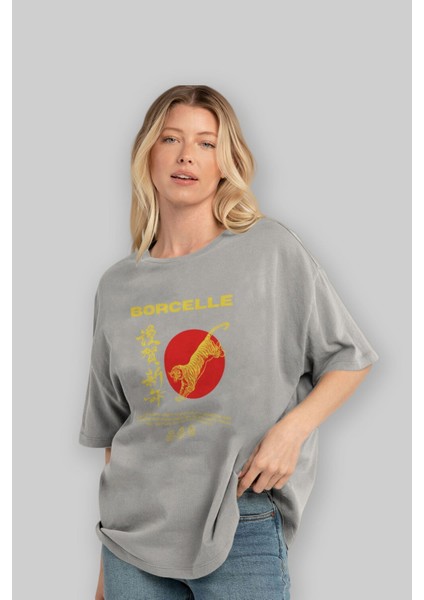 Borcelle Tiger Streetwear Ön Baskılı Gri Oversize T-Shirt Unisex Erkek Kadın Bisiklet Yaka fırsatları
