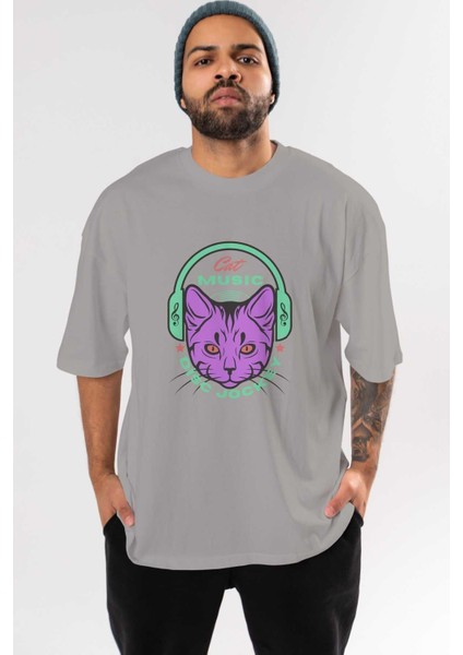 Cat Music Ön Baskılı Gri Oversize T-Shirt Unisex Erkek Kadın Bisiklet Yaka