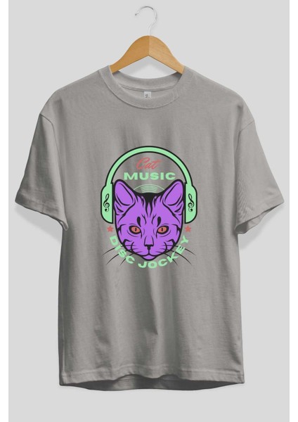 Cat Music Ön Baskılı Gri Oversize T-Shirt Unisex Erkek Kadın Bisiklet Yaka fiyatları