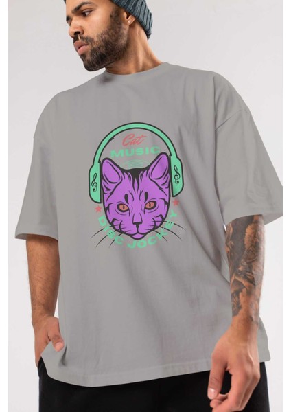 Cat Music Ön Baskılı Gri Oversize T-Shirt Unisex Erkek Kadın Bisiklet Yaka modelleri