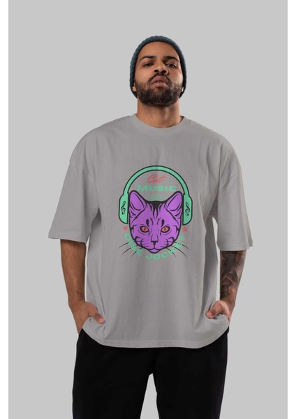 Cat Music Ön Baskılı Gri Oversize T-Shirt Unisex Erkek Kadın Bisiklet Yaka indirimleri