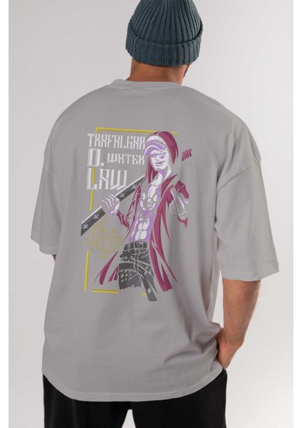 Trafalgar D. Water Law Arka Baskılı Gri Oversize T-Shirt Unisex Erkek Kadın Bisiklet Yaka indirimleri