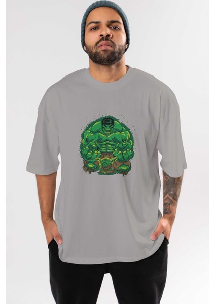 Hulk (7) Ön Baskılı Gri Oversize T-Shirt Bisiklet Yaka Pamuk Erkek Kadın