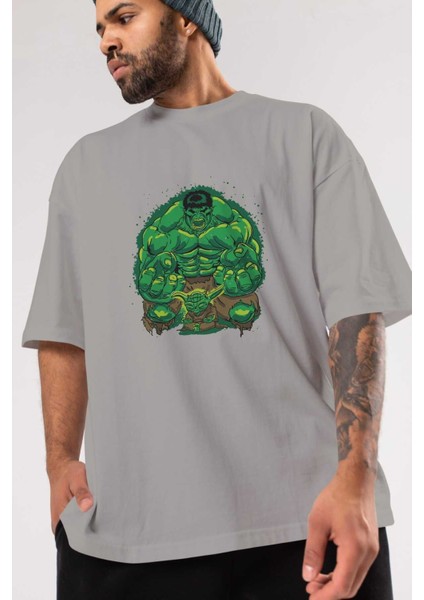 Hulk (7) Ön Baskılı Gri Oversize T-Shirt Bisiklet Yaka Pamuk Erkek Kadın modelleri