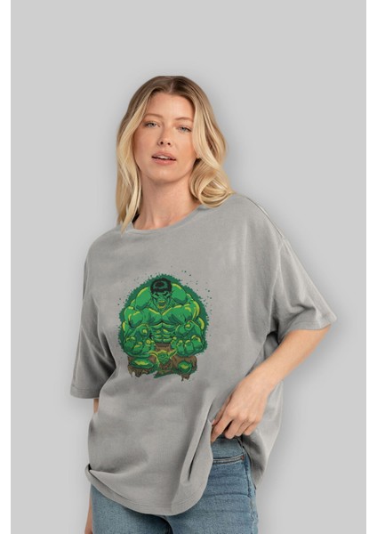 Hulk (7) Ön Baskılı Gri Oversize T-Shirt Bisiklet Yaka Pamuk Erkek Kadın fırsatları