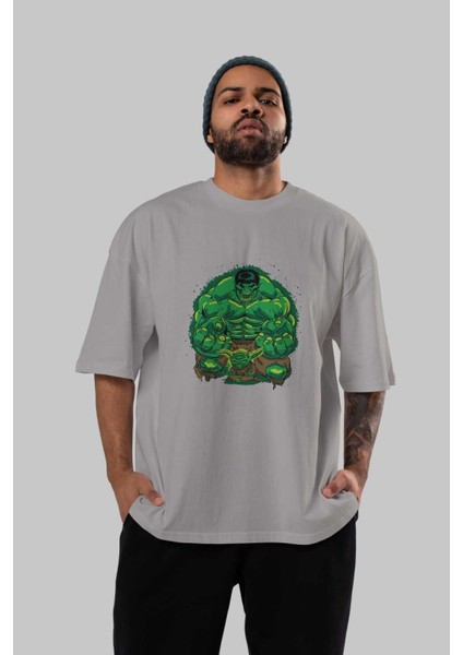 Hulk (7) Ön Baskılı Gri Oversize T-Shirt Bisiklet Yaka Pamuk Erkek Kadın indirimleri