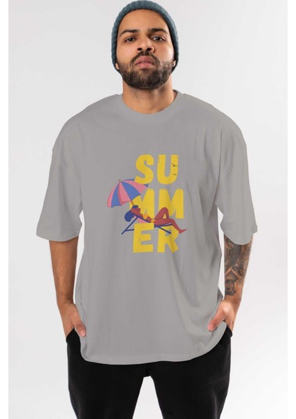 Summer Yazılı Ön Baskılı Gri Oversize T-Shirt Unisex Erkek Kadın Bisiklet Yaka