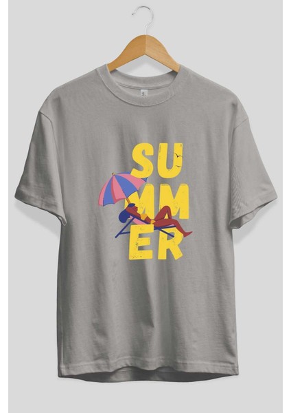 Summer Yazılı Ön Baskılı Gri Oversize T-Shirt Unisex Erkek Kadın Bisiklet Yaka fiyatları