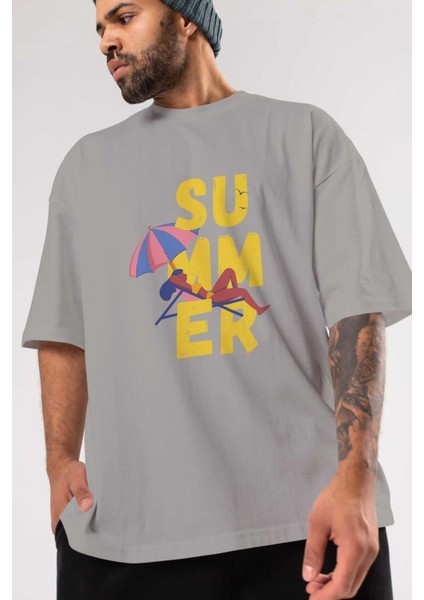 Summer Yazılı Ön Baskılı Gri Oversize T-Shirt Unisex Erkek Kadın Bisiklet Yaka modelleri
