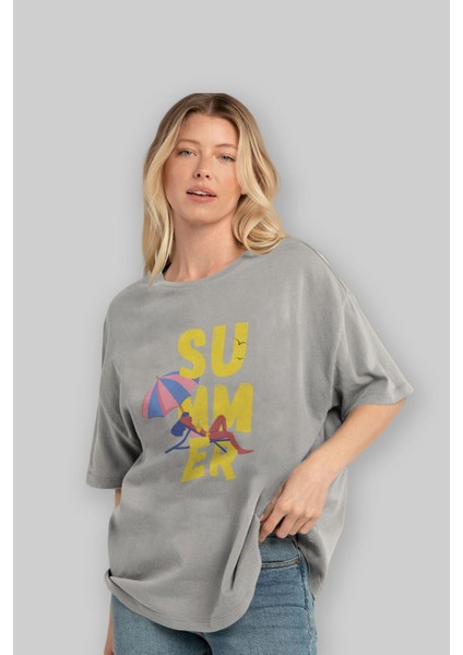Summer Yazılı Ön Baskılı Gri Oversize T-Shirt Unisex Erkek Kadın Bisiklet Yaka fırsatları