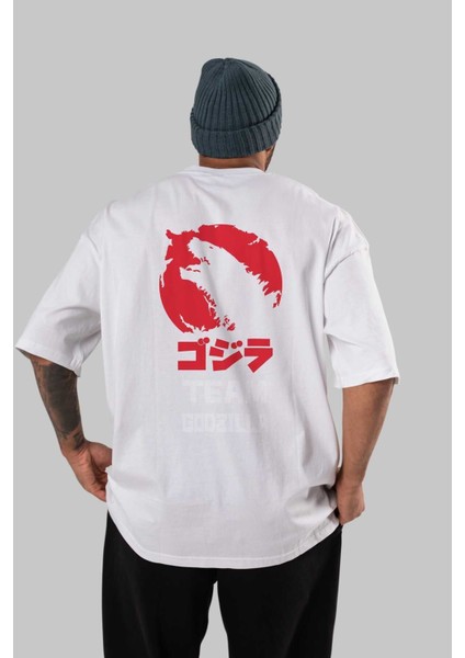 Team Godzilla Arka Baskılı Beyaz Oversize T-Shirt Bisiklet Yaka Pamuk Erkek Kadın