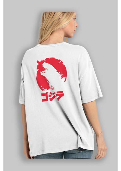 Team Godzilla Arka Baskılı Beyaz Oversize T-Shirt Bisiklet Yaka Pamuk Erkek Kadın modelleri