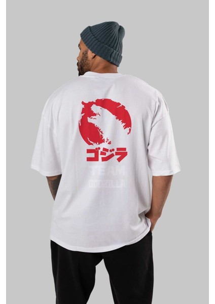 Team Godzilla Arka Baskılı Beyaz Oversize T-Shirt Bisiklet Yaka Pamuk Erkek Kadın fırsatları