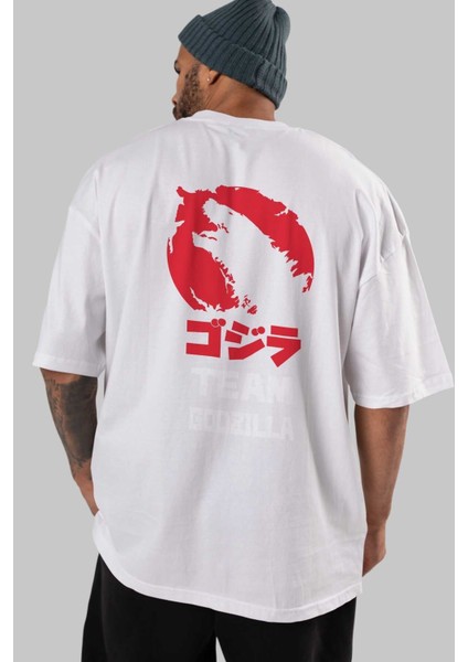 Team Godzilla Arka Baskılı Beyaz Oversize T-Shirt Bisiklet Yaka Pamuk Erkek Kadın indirimleri