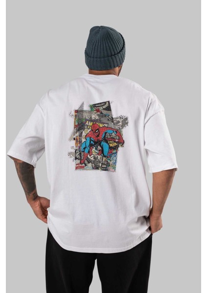Spiderman Arka Baskılı Beyaz Oversize T-Shirt Bisiklet Yaka Pamuk Erkek Kadın