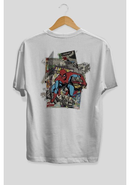 Spiderman Arka Baskılı Beyaz Oversize T-Shirt Bisiklet Yaka Pamuk Erkek Kadın fiyatları