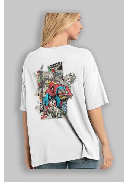 Spiderman Arka Baskılı Beyaz Oversize T-Shirt Bisiklet Yaka Pamuk Erkek Kadın modelleri