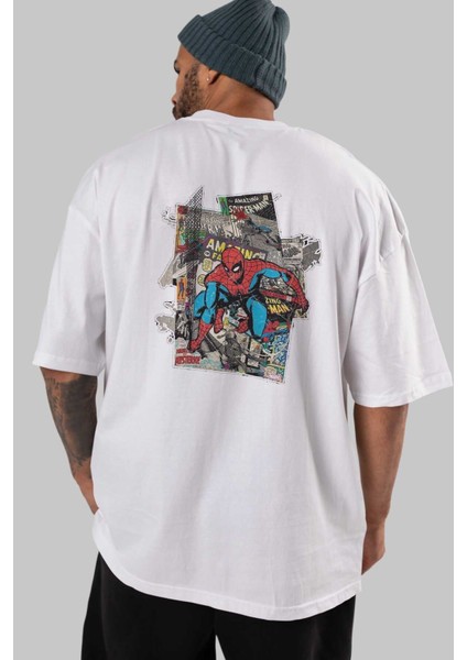 Spiderman Arka Baskılı Beyaz Oversize T-Shirt Bisiklet Yaka Pamuk Erkek Kadın indirimleri