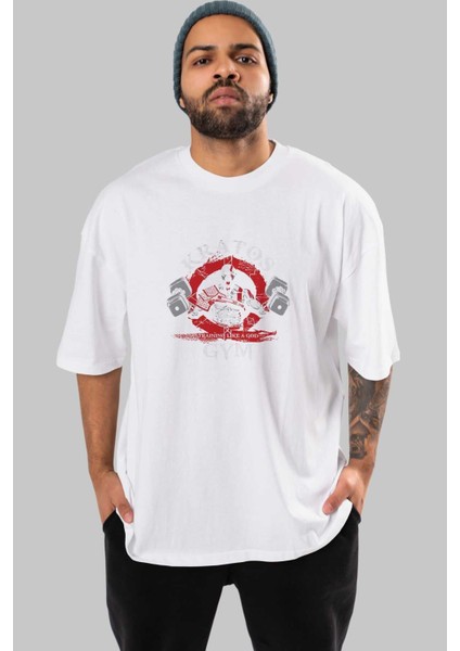 Kratos Gym Ön Baskılı Beyaz Oversize T-Shirt Bisiklet Yaka Erkek Kadın