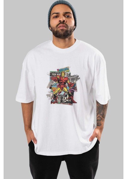 Iron Man (6) Ön Baskılı Beyaz Oversize T-Shirt Bisiklet Yaka Erkek Kadın