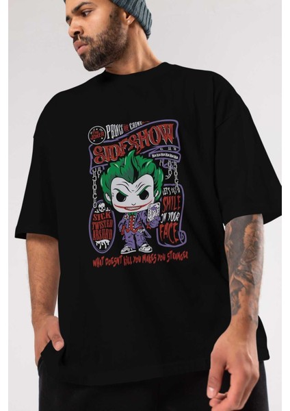 Joker (4) Ön Baskılı Siyah Oversize T-Shirt Bisiklet Yaka Erkek Kadın modelleri