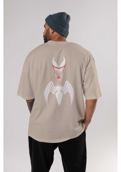Spiderman (26) Arka Baskılı Bej Oversize T-Shirt Bisiklet Yaka Pamuk Erkek Kadın fırsatları