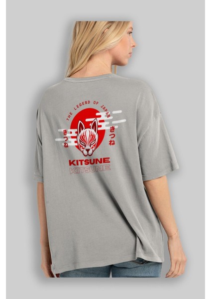 Kitsune Mask Arka Baskılı Gri Oversize T-Shirt Unisex Erkek Kadın Bisiklet Yaka modelleri