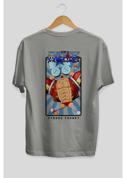 Franky Arka Baskılı Gri Oversize T-Shirt Unisex Erkek Kadın Bisiklet Yaka fiyatları