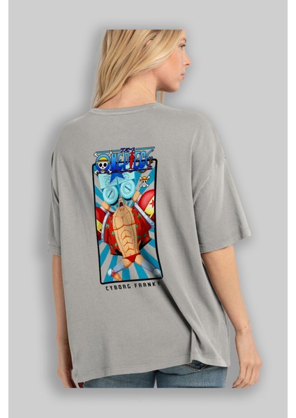 Franky Arka Baskılı Gri Oversize T-Shirt Unisex Erkek Kadın Bisiklet Yaka modelleri