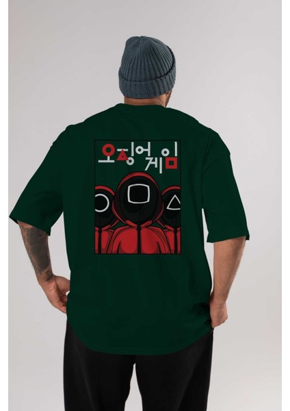 Squid Game (7) Arka Baskılı Zümrüt Yeşili Oversize T-Shirt Bisiklet Yaka Erkek Kadın