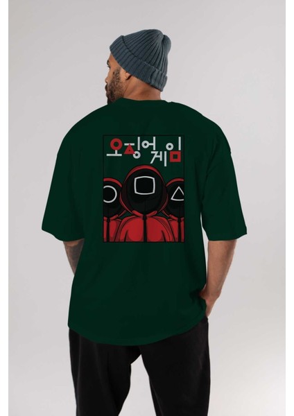 Squid Game (7) Arka Baskılı Zümrüt Yeşili Oversize T-Shirt Bisiklet Yaka Erkek Kadın