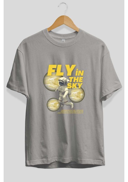 Fly In The Sky Ön Baskılı Gri Oversize T-Shirt Unisex Erkek Kadın Bisiklet Yaka fiyatları