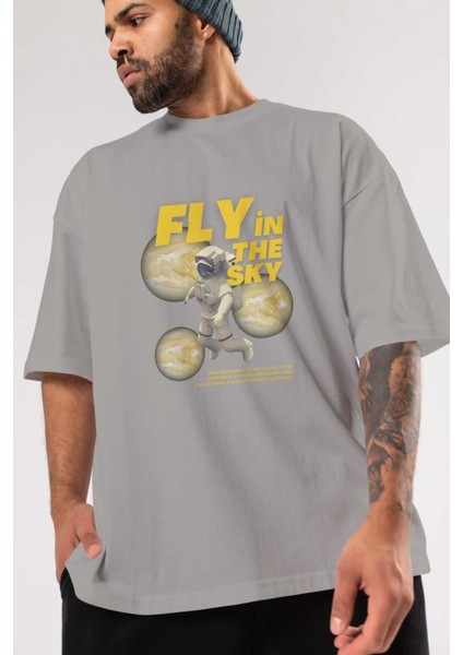Fly In The Sky Ön Baskılı Gri Oversize T-Shirt Unisex Erkek Kadın Bisiklet Yaka modelleri