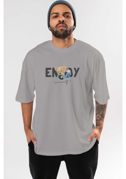 Teddy Bear Yourself Ön Baskılı Gri Oversize T-Shirt Unisex Erkek Kadın Bisiklet Yaka