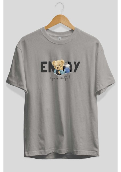 Teddy Bear Yourself Ön Baskılı Gri Oversize T-Shirt Unisex Erkek Kadın Bisiklet Yaka fiyatları