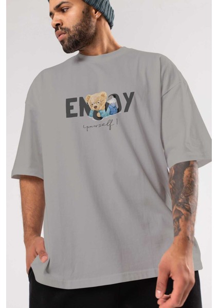 Teddy Bear Yourself Ön Baskılı Gri Oversize T-Shirt Unisex Erkek Kadın Bisiklet Yaka modelleri