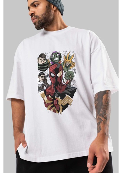 Spiderman (31) Ön Baskılı Beyaz Oversize T-Shirt Bisiklet Yaka Erkek Kadın modelleri