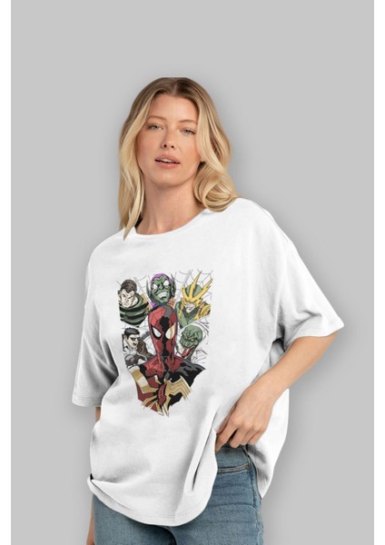 Spiderman (31) Ön Baskılı Beyaz Oversize T-Shirt Bisiklet Yaka Erkek Kadın fırsatları