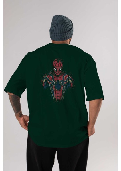 Spiderman (9) Arka Baskılı Zümrüt Yeşili Oversize T-Shirt Bisiklet Yaka Erkek Kadın